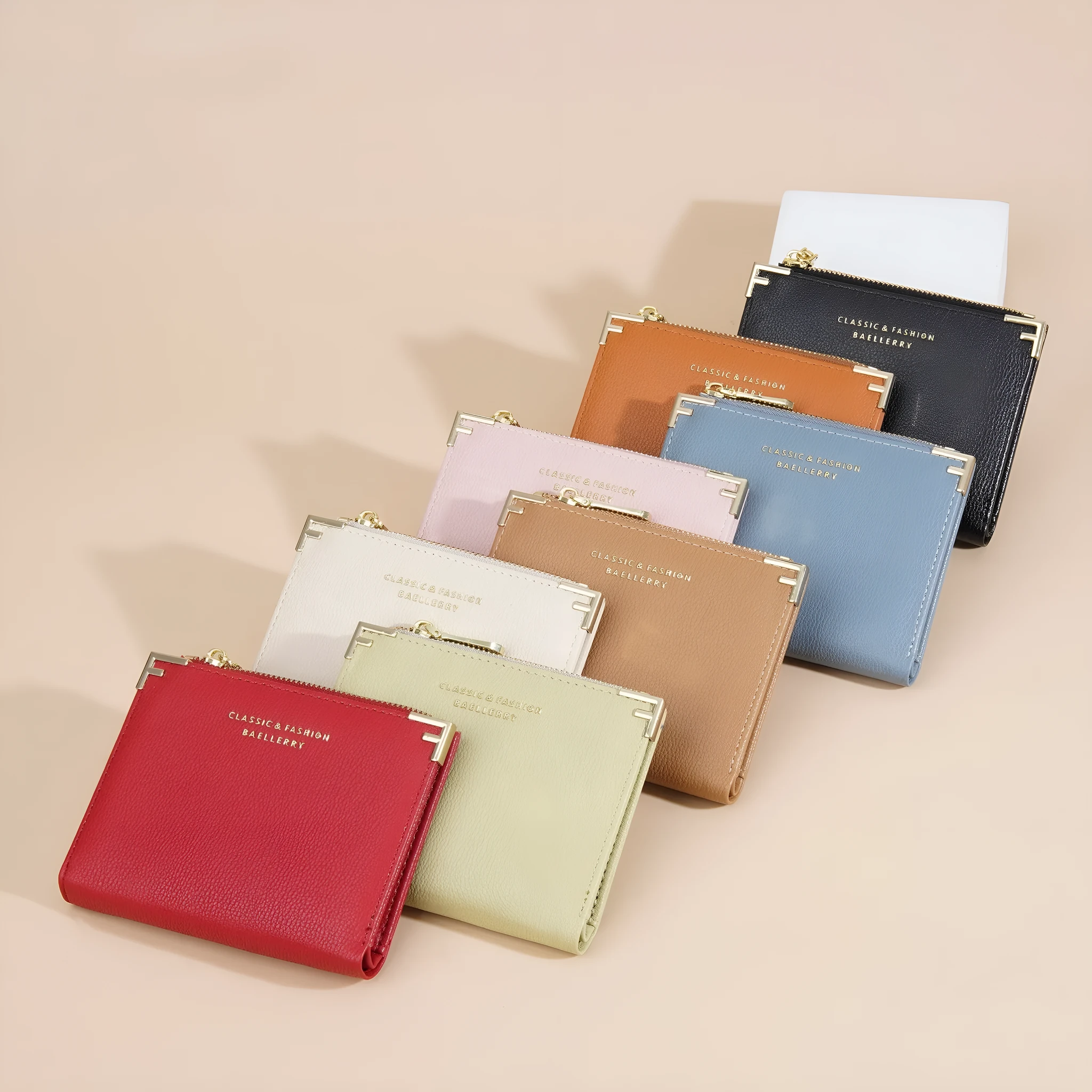Compact pink PU leather women's wallet with multiple card slots and a zip coin purse.