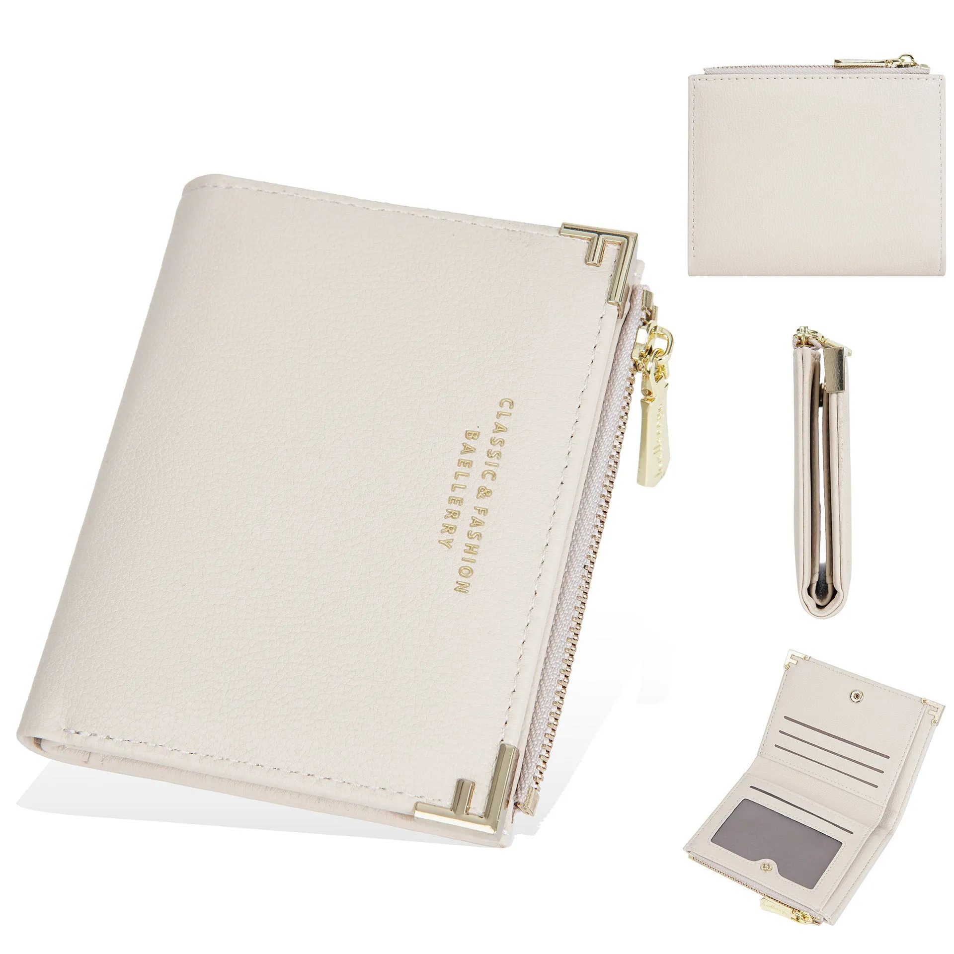 Compact pink PU leather women's wallet with multiple card slots and a zip coin purse.