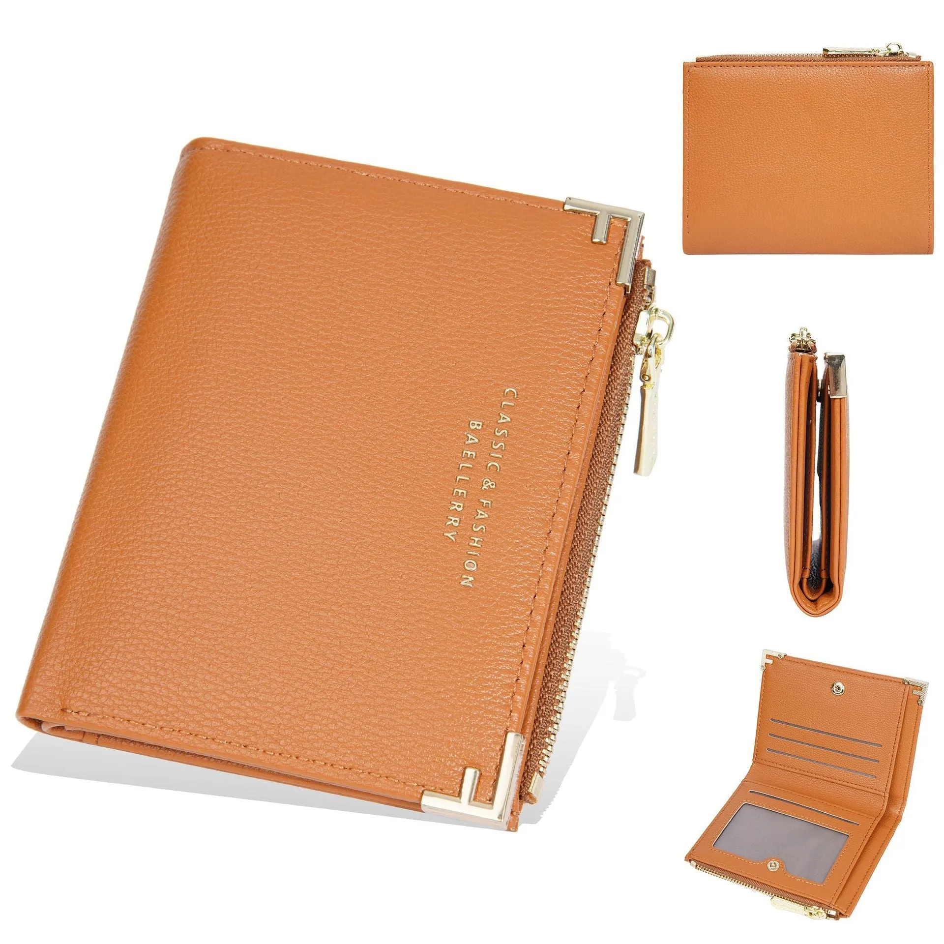 Compact pink PU leather women's wallet with multiple card slots and a zip coin purse.