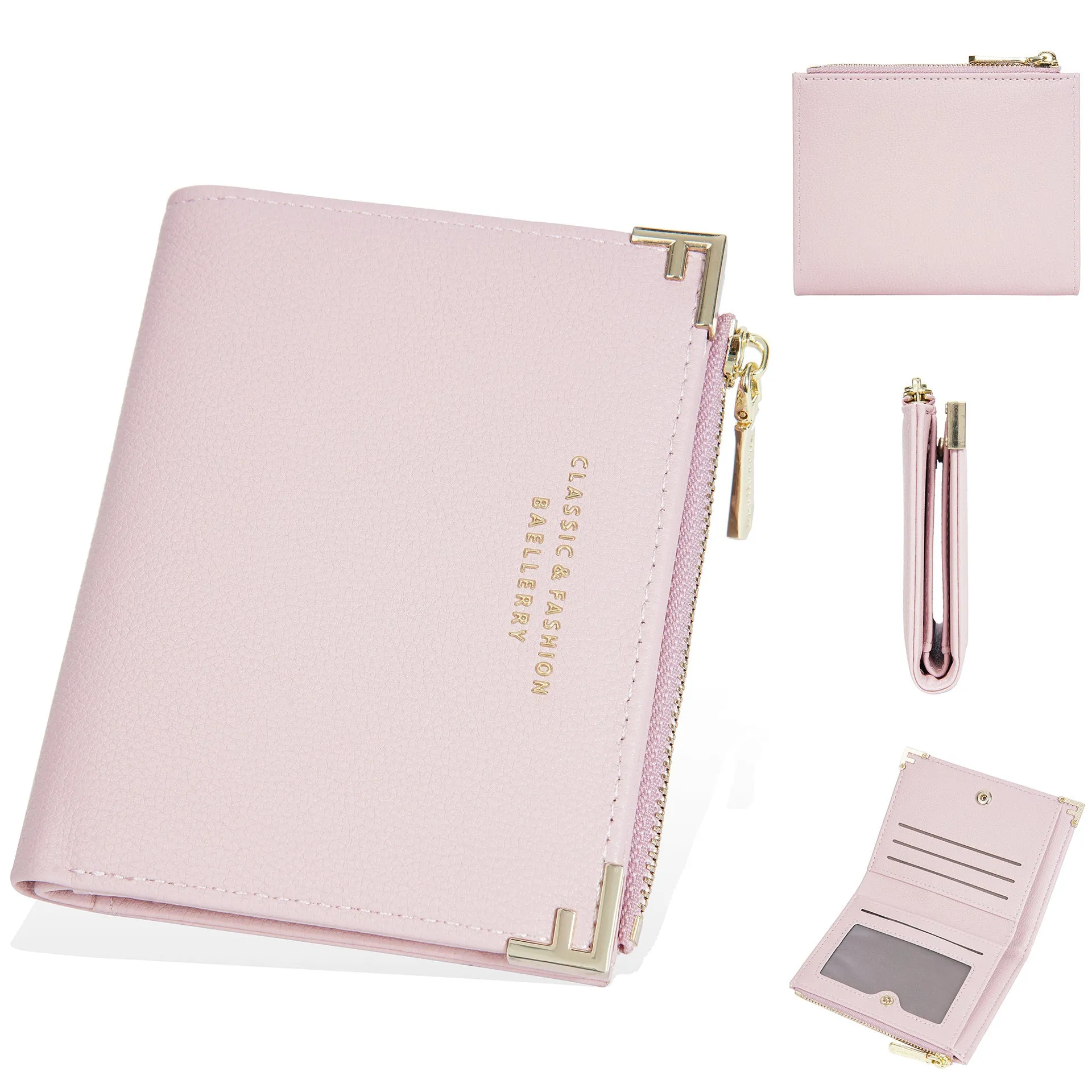 Compact pink PU leather women's wallet with multiple card slots and a zip coin purse.