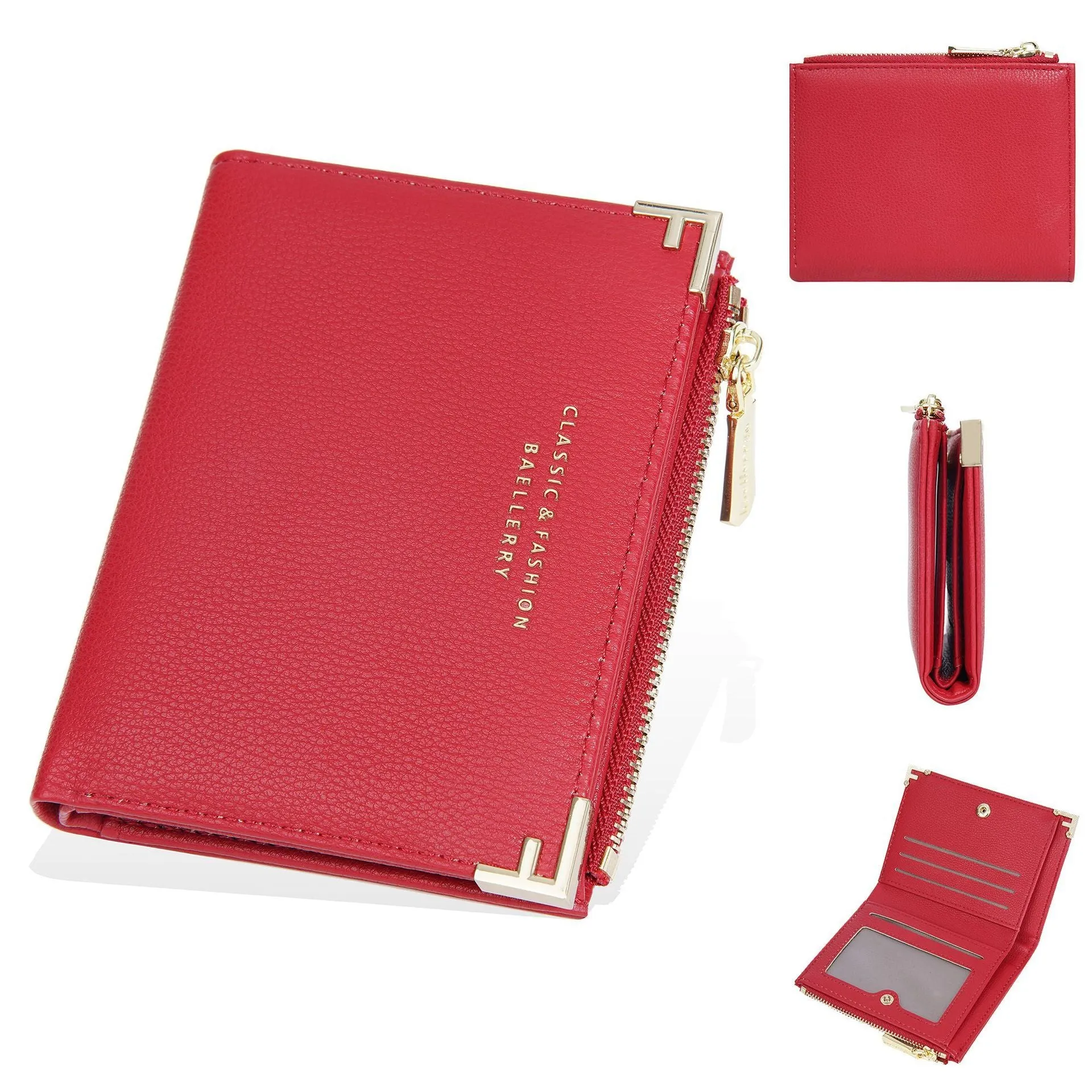 Compact pink PU leather women's wallet with multiple card slots and a zip coin purse.