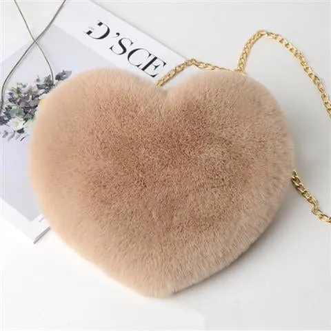 Love Bags plush heart-shaped shoulder bag in red, with chain strap and zipper, 25cm wide