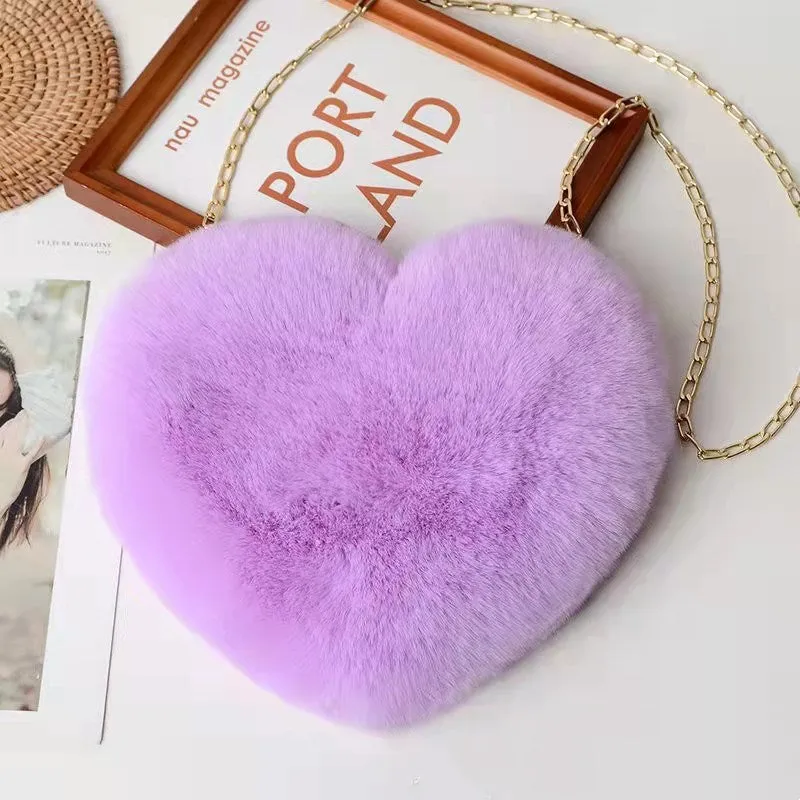Love Bags plush heart-shaped shoulder bag in red, with chain strap and zipper, 25cm wide