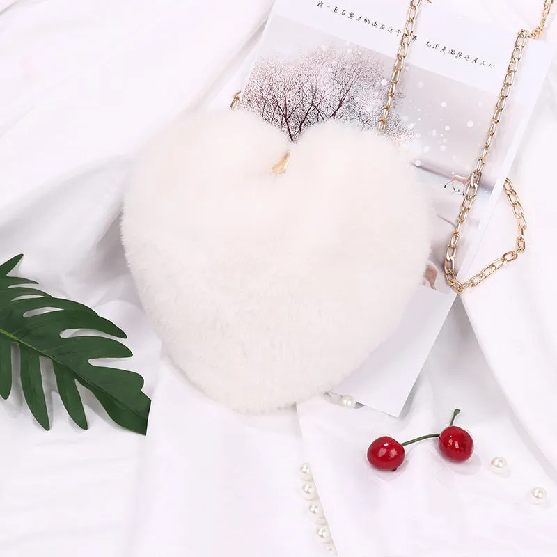 Love Bags plush heart-shaped shoulder bag in red, with chain strap and zipper, 25cm wide
