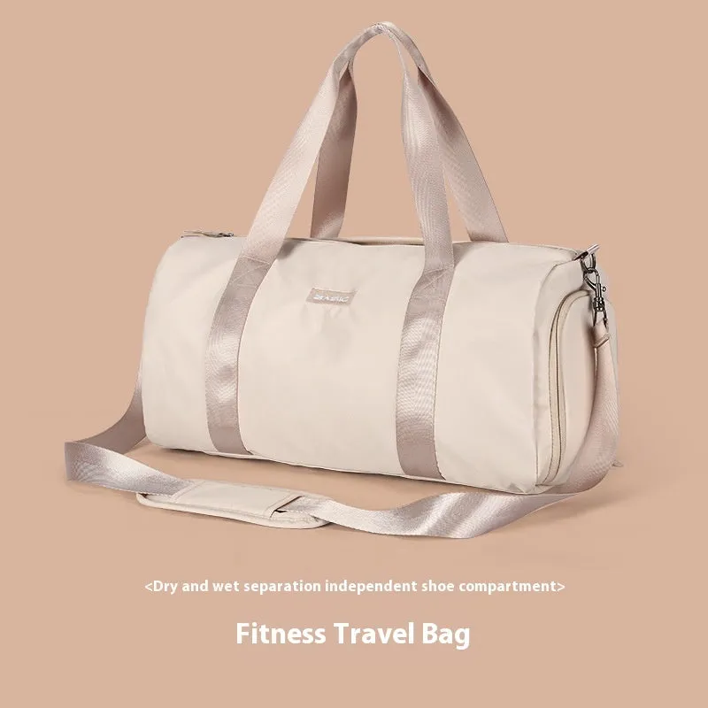 Beige casual sports bag with letter pattern design and contrast colour details.