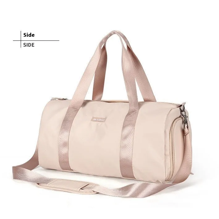 Beige casual sports bag with letter pattern design and contrast colour details.