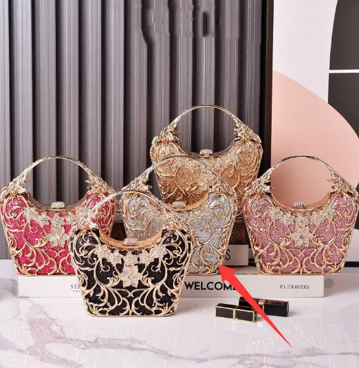 Silver hollow-out party clutch with shiny finish, flower motif, and bucket shape on a plain background
