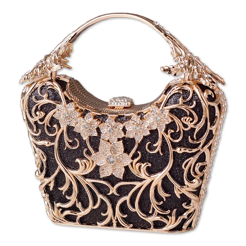 Silver hollow-out party clutch with shiny finish, flower motif, and bucket shape on a plain background