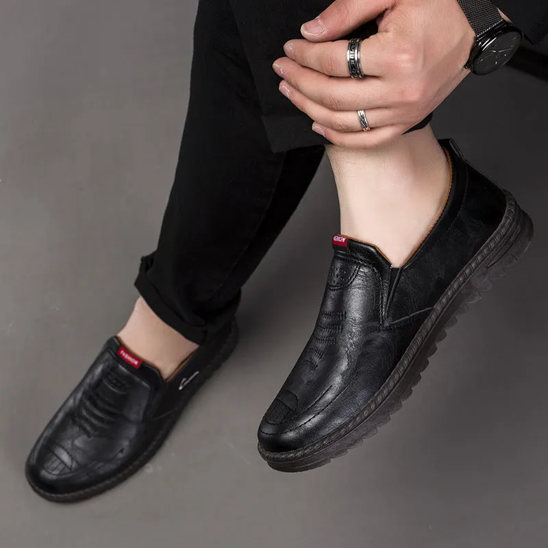 Men's spring leather slip-on shoes in artificial PU with round toe and lace-up closure