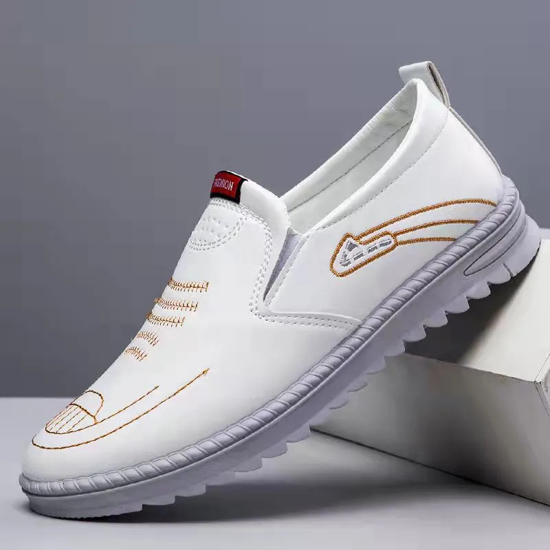Men's spring leather slip-on shoes in artificial PU with round toe and lace-up closure