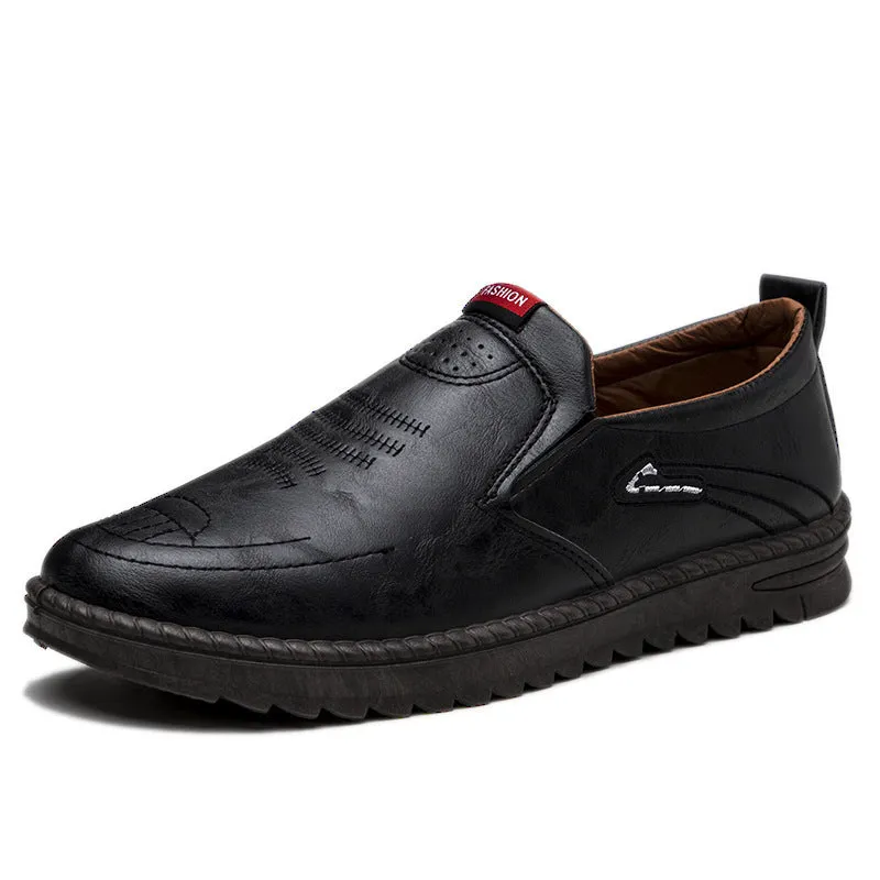 Men's spring leather slip-on shoes in artificial PU with round toe and lace-up closure