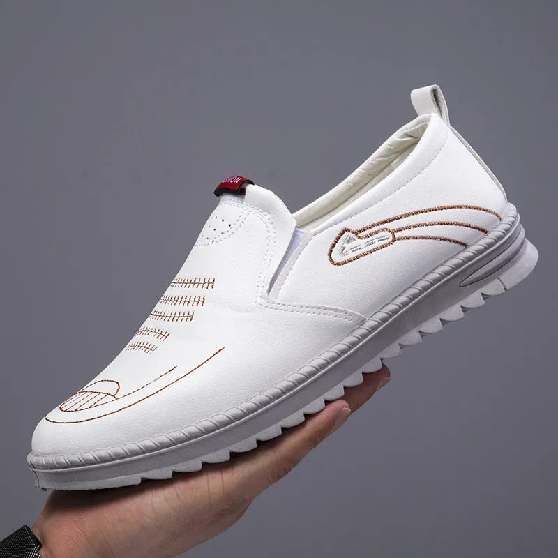 Men's spring leather slip-on shoes in artificial PU with round toe and lace-up closure