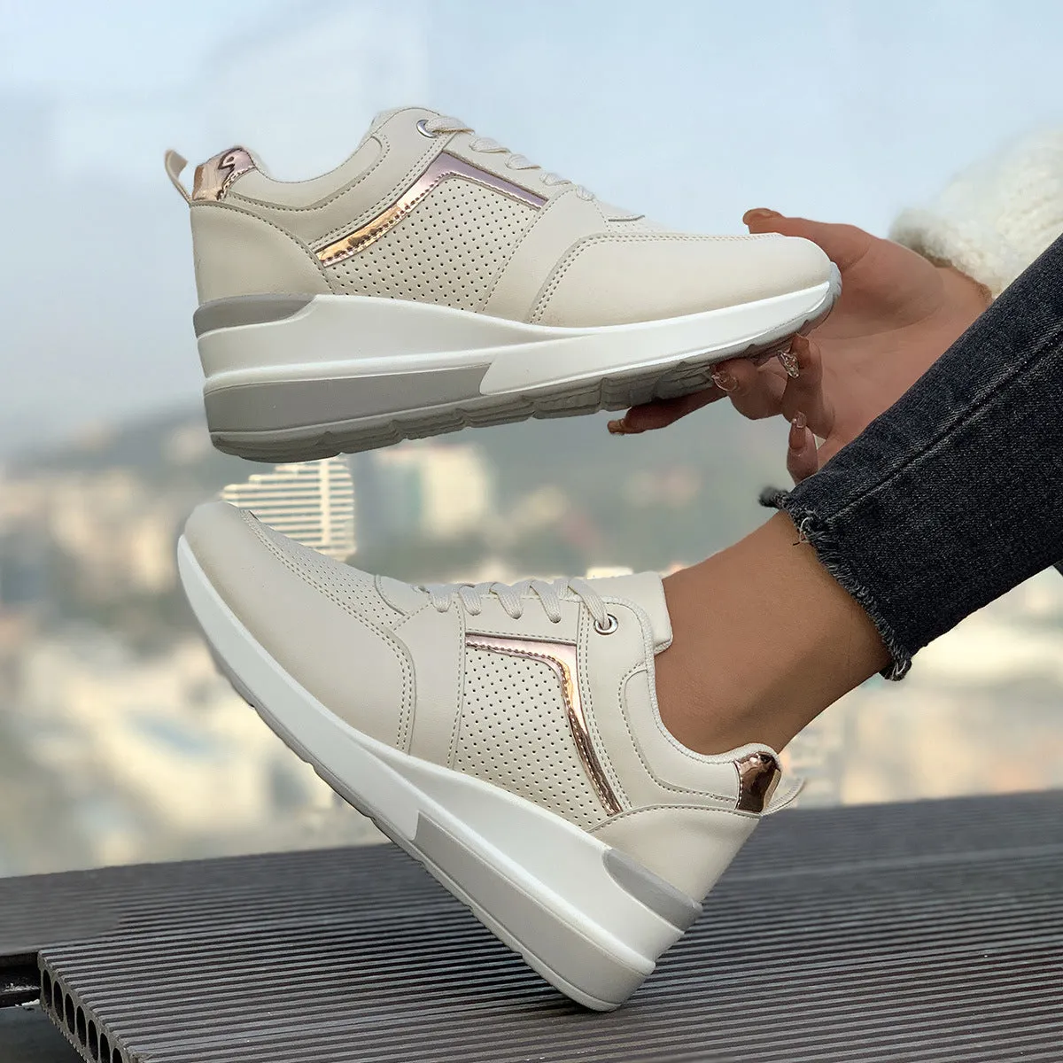 Women's milky white wedge platform casual shoes with front lace-up on a rubber sole.