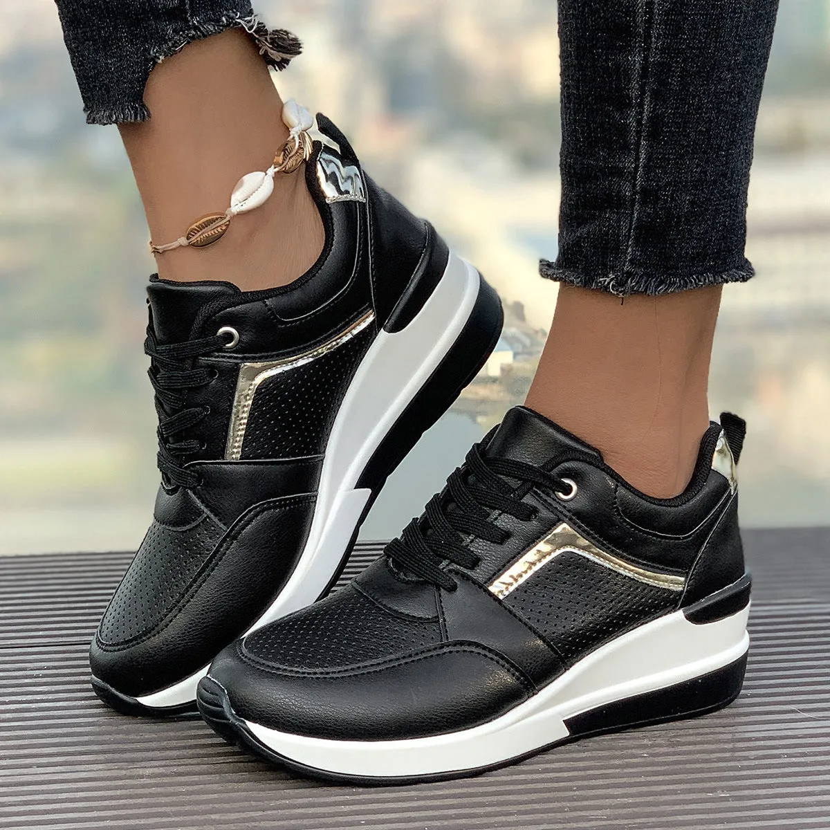 Women's milky white wedge platform casual shoes with front lace-up on a rubber sole.