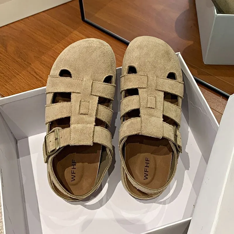 Retro closed toe sandals with two-way hollow-out design in khaki, square toe, rubber sole