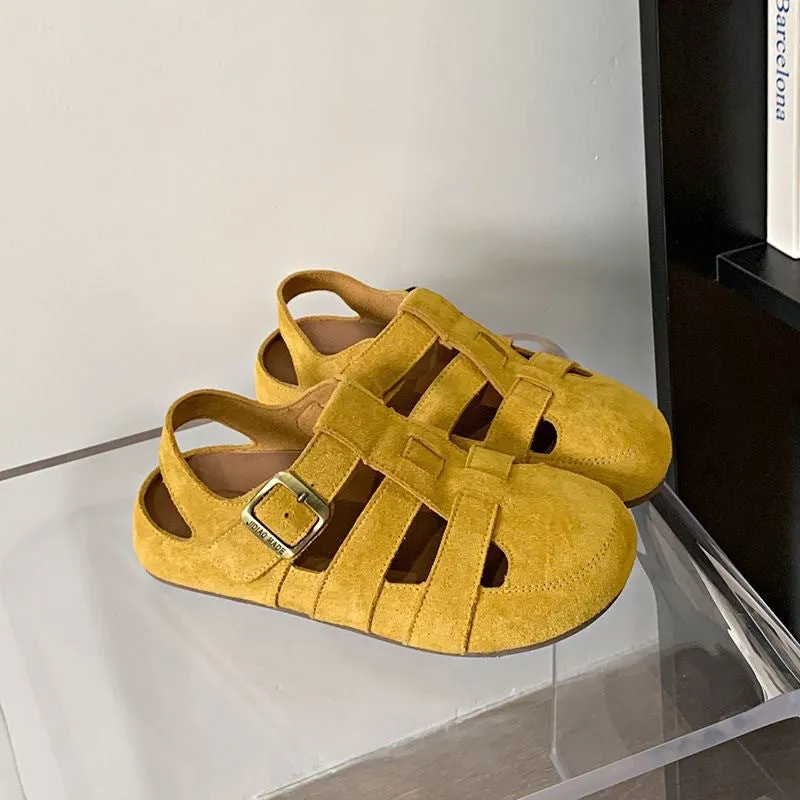 Retro closed toe sandals with two-way hollow-out design in khaki, square toe, rubber sole