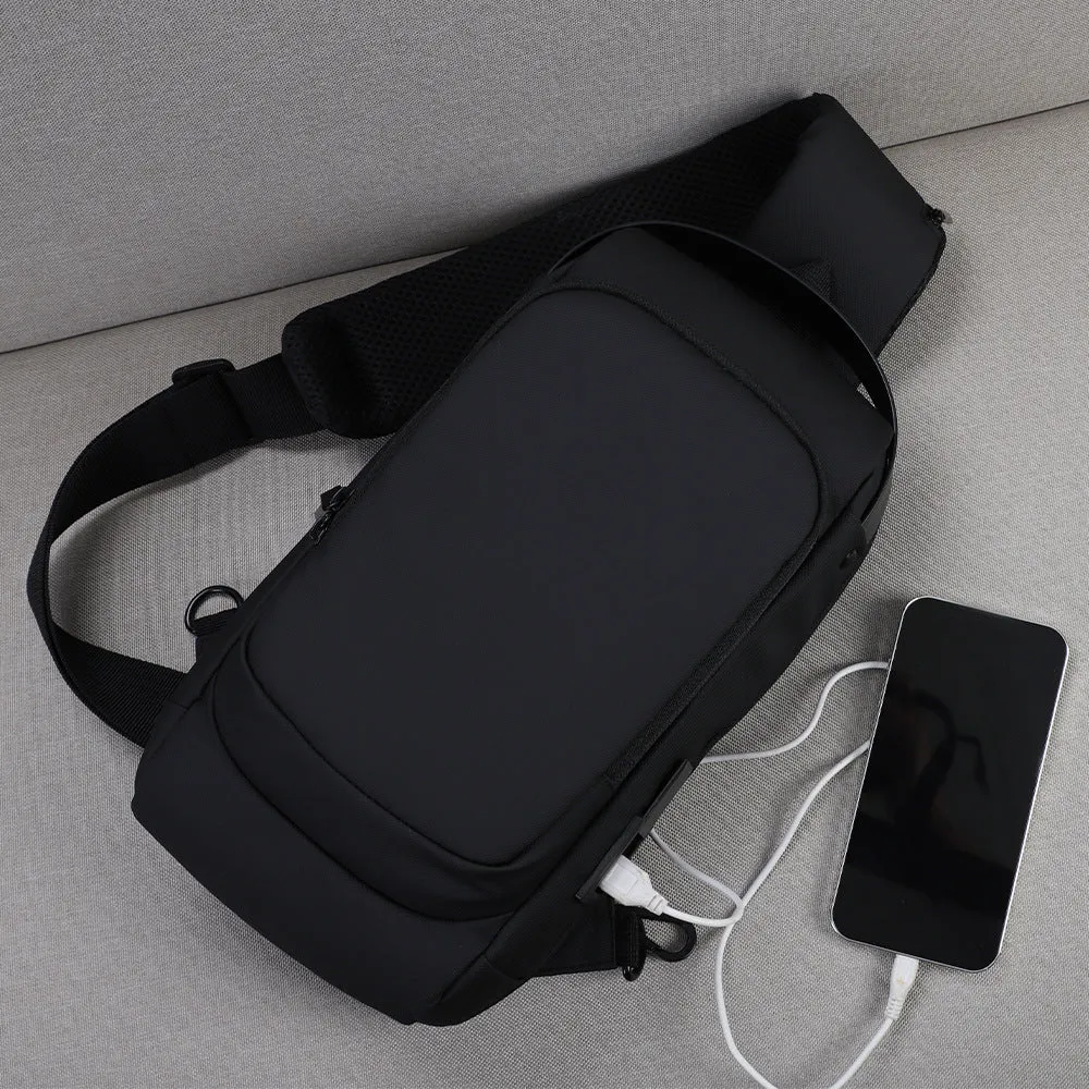 Men's black polyester crossbody shoulder bag with USB charging port and contrast-colour accents