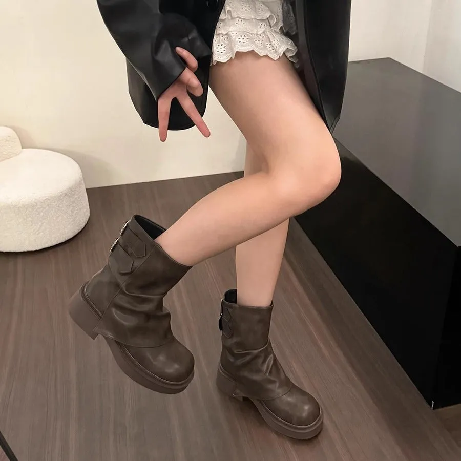 British street pleated sleeve slugged bottom boots, low square heel, artificial PU, khaki and black, sizes 35-39