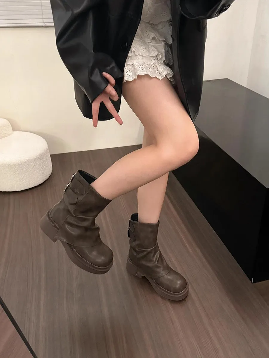 British street pleated sleeve slugged bottom boots, low square heel, artificial PU, khaki and black, sizes 35-39