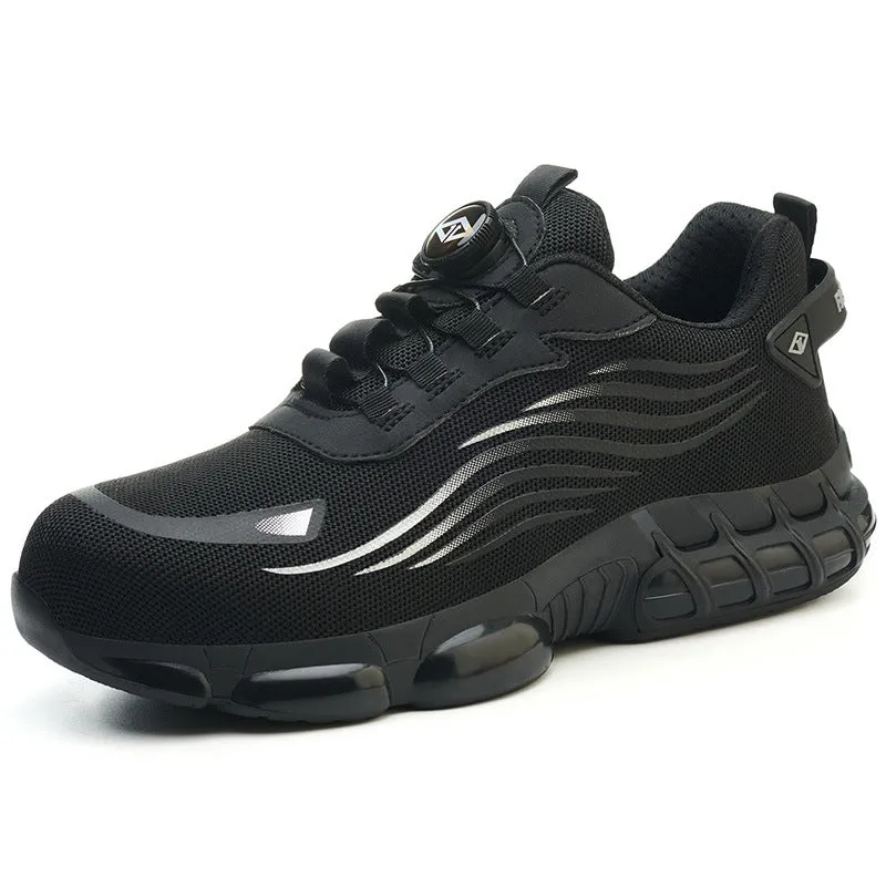 Men's black steel toe cap safety shoes with Flyknit upper and TPU sole, low-top design