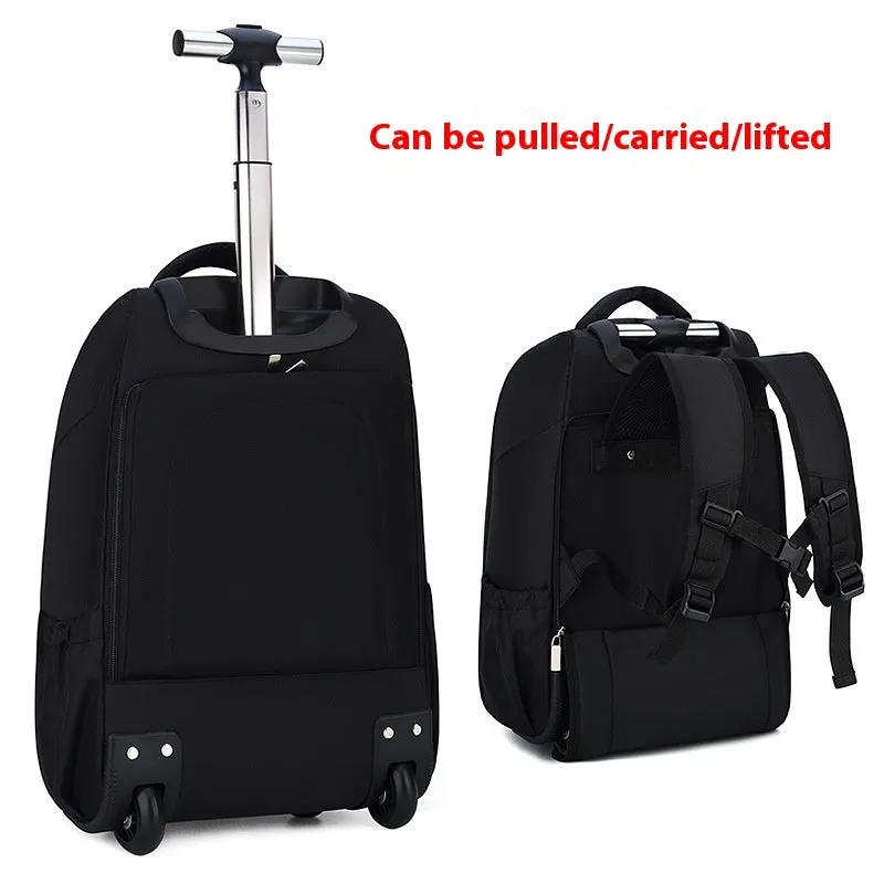Black 18-inch nylon business backpack trolley bag with letter pattern lining and shoulder straps
