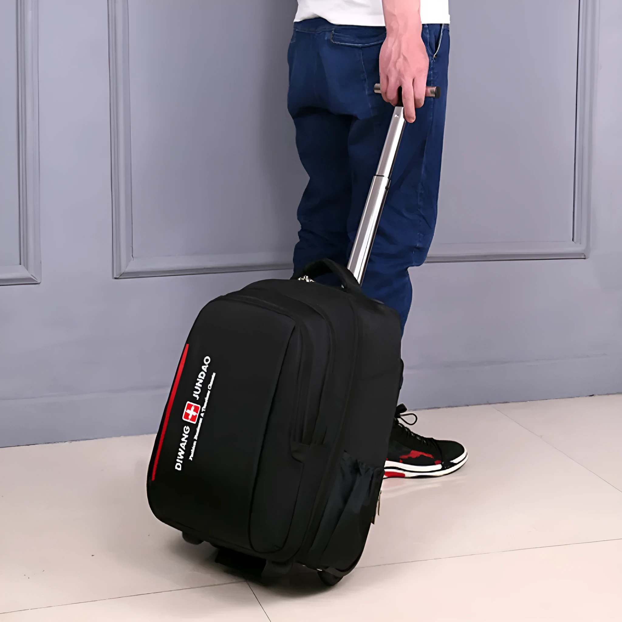 Black 18-inch nylon business backpack trolley bag with letter pattern lining and shoulder straps