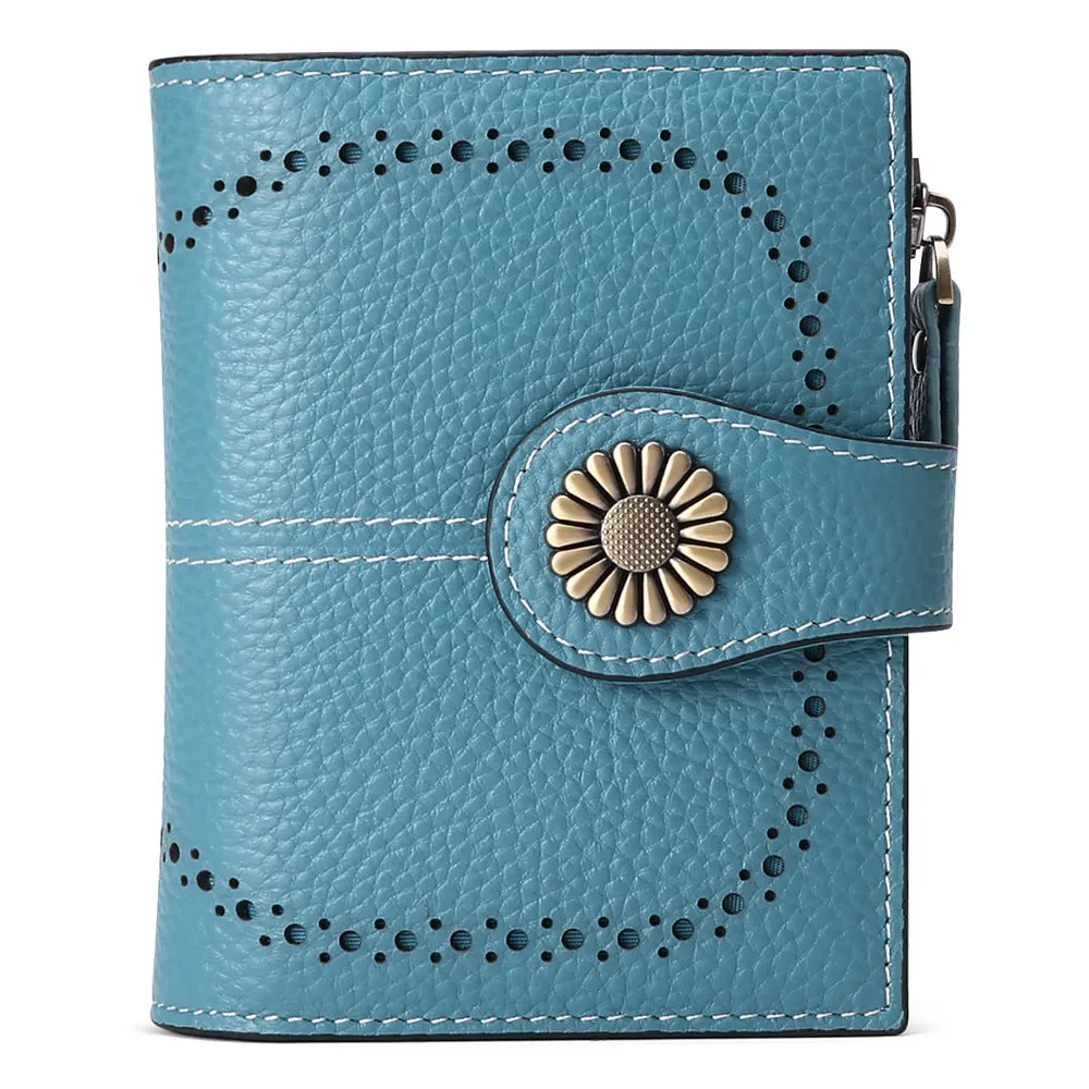 Short oil wax leather coin purse in solid colour with sewing thread detail, anti-theft RFID blocking, seven milled colour options