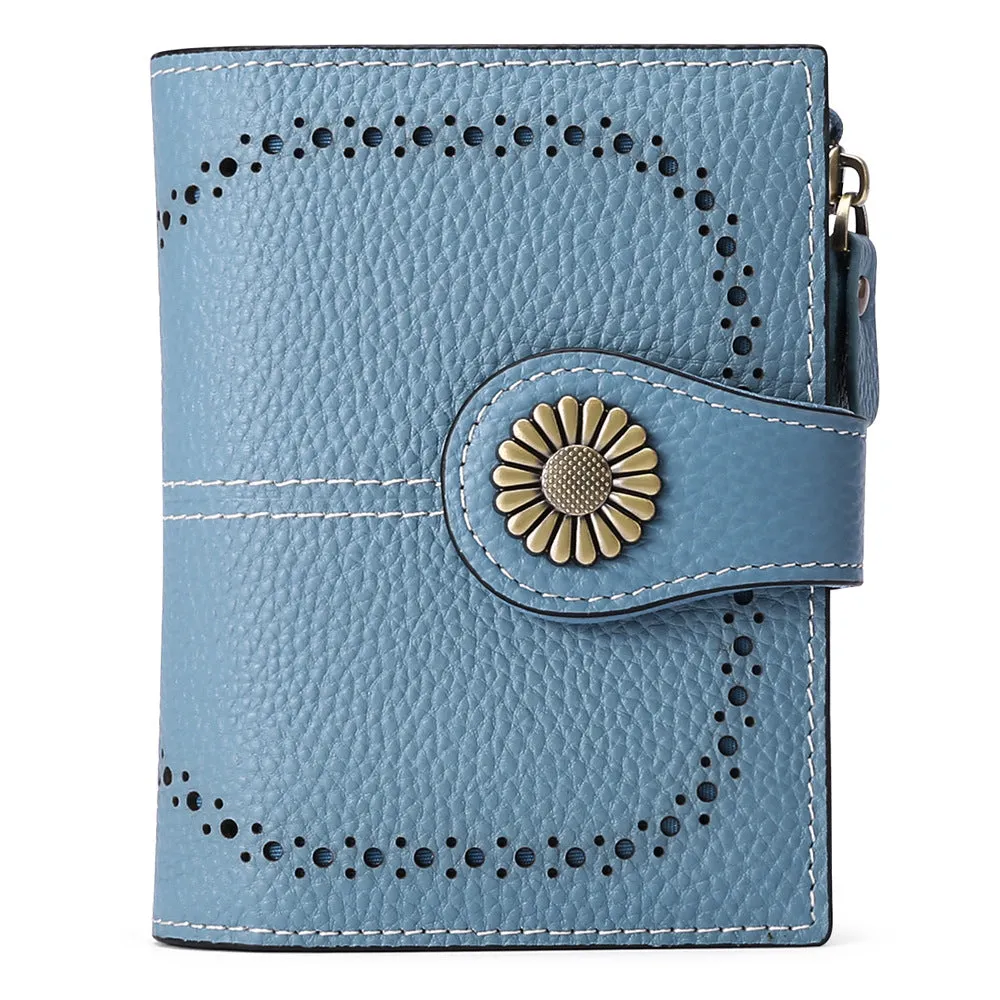 Short oil wax leather coin purse in solid colour with sewing thread detail, anti-theft RFID blocking, seven milled colour options