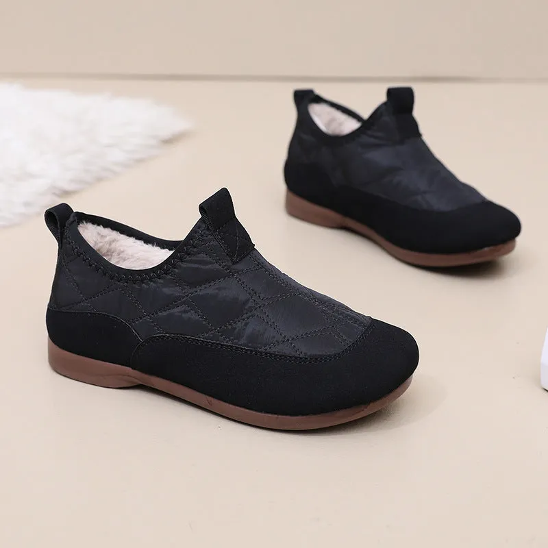 Women's winter cloth shoes in apricot with umbrella cloth upper, flat heel, and velvet soft bottom