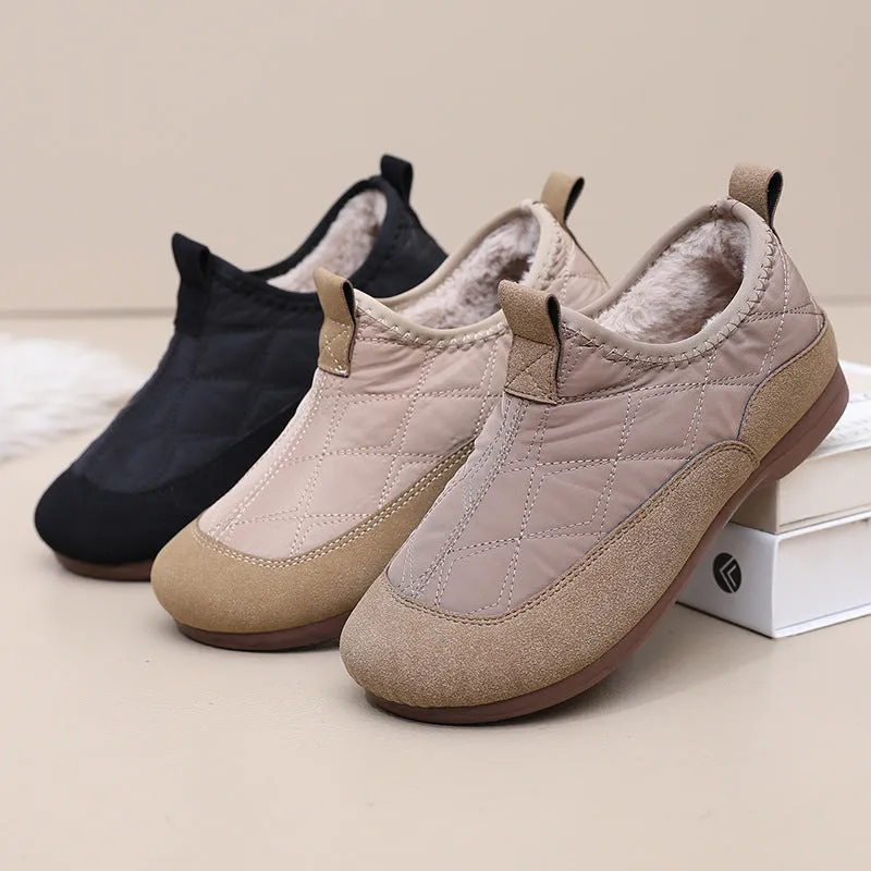 Women's winter cloth shoes in apricot with umbrella cloth upper, flat heel, and velvet soft bottom