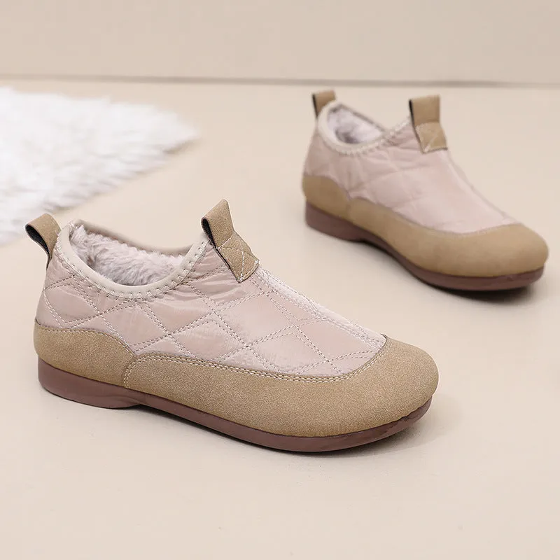 Women's winter cloth shoes in apricot with umbrella cloth upper, flat heel, and velvet soft bottom