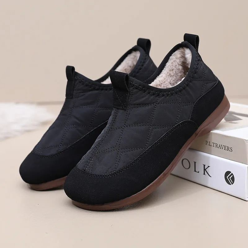Women's winter cloth shoes in apricot with umbrella cloth upper, flat heel, and velvet soft bottom