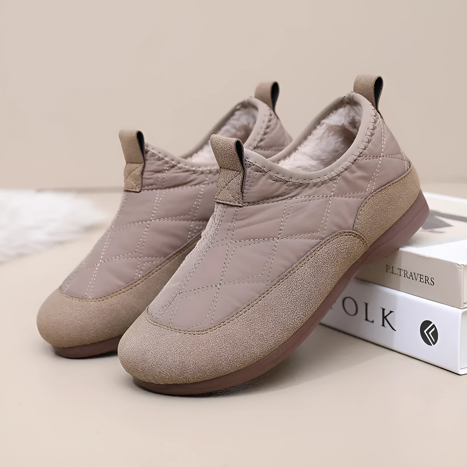 Women's winter cloth shoes in apricot with umbrella cloth upper, flat heel, and velvet soft bottom