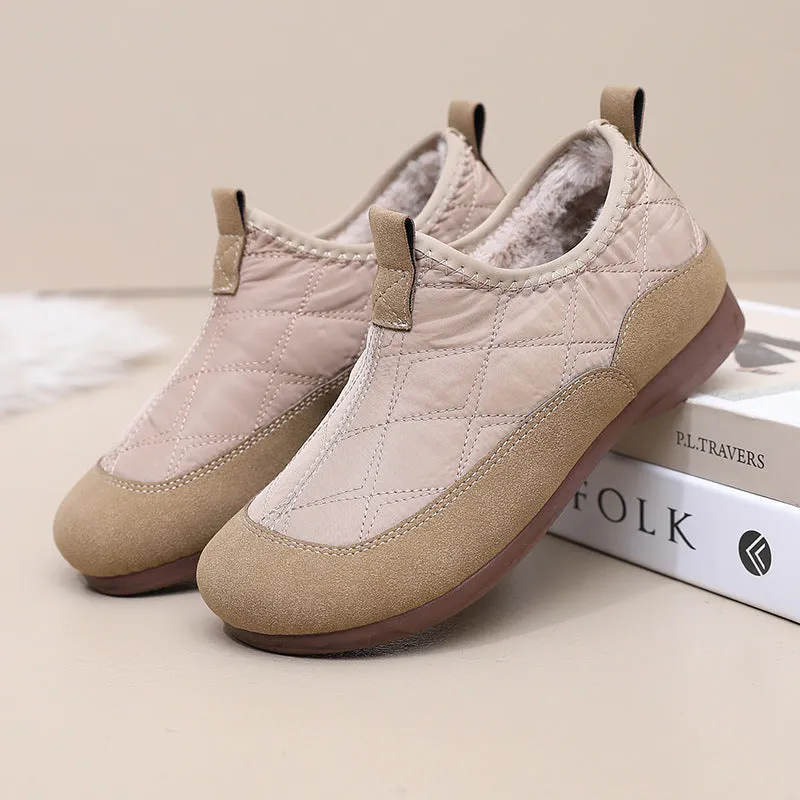 Women's winter cloth shoes in apricot with umbrella cloth upper, flat heel, and velvet soft bottom