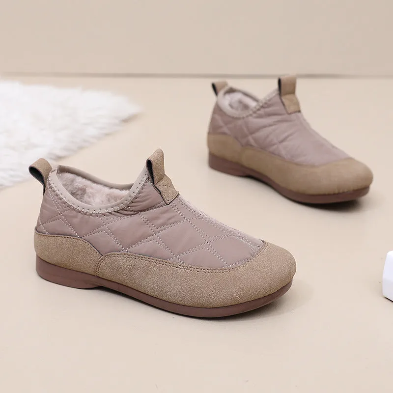 Women's winter cloth shoes in apricot with umbrella cloth upper, flat heel, and velvet soft bottom