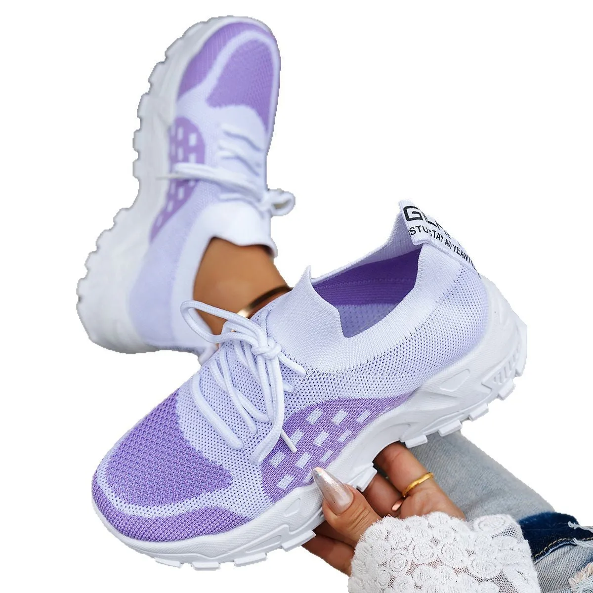 Women's breathable Flyknit casual sneakers, low-top, non-slip rubber sole, light pink colour