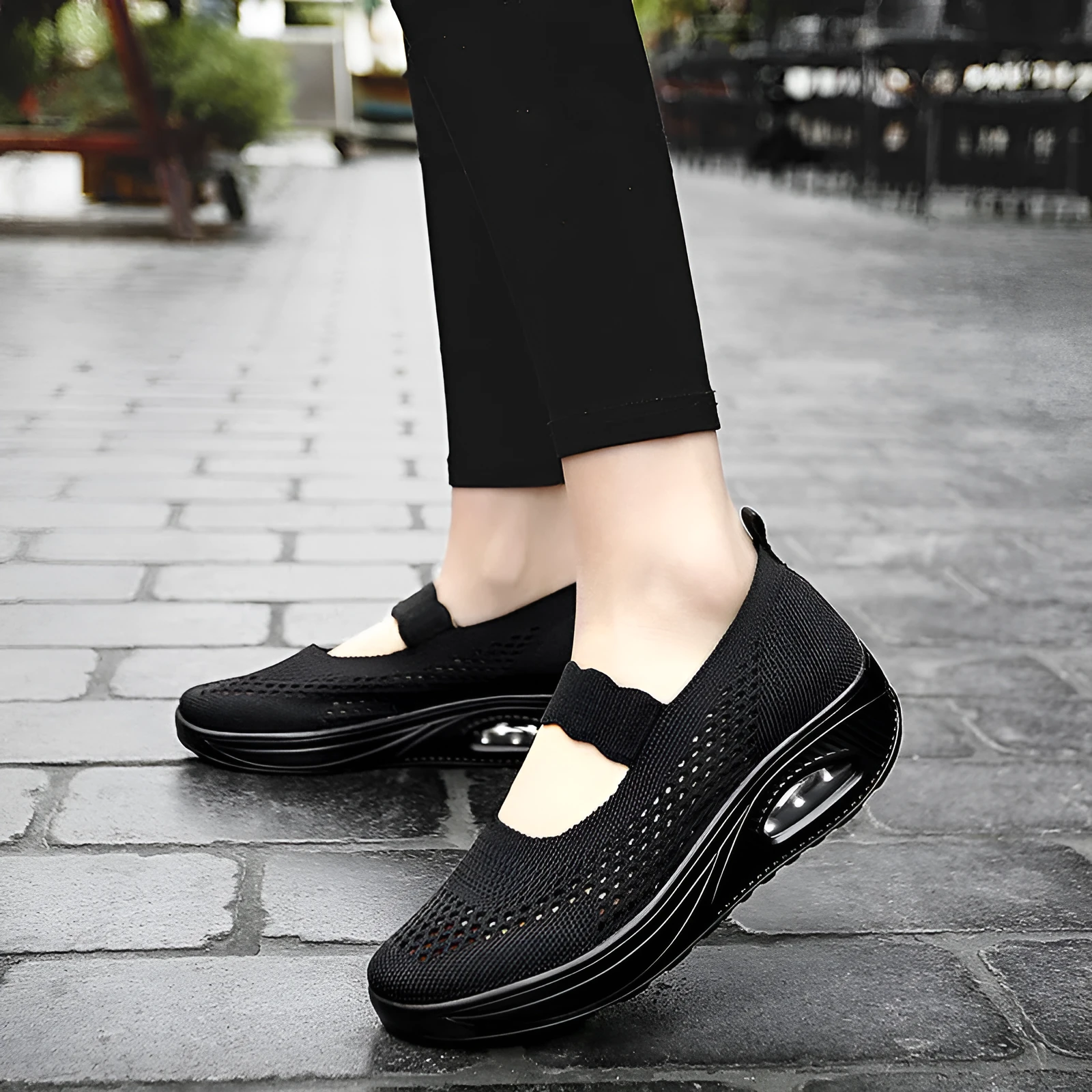 Women's beige slip-on mesh shoes with round toe and low heel on a white background