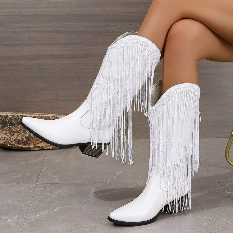 Women's retro chunky heel pleated western knee boots in artificial PU leather, low heel 1-3cm, pointed toe, solid colour