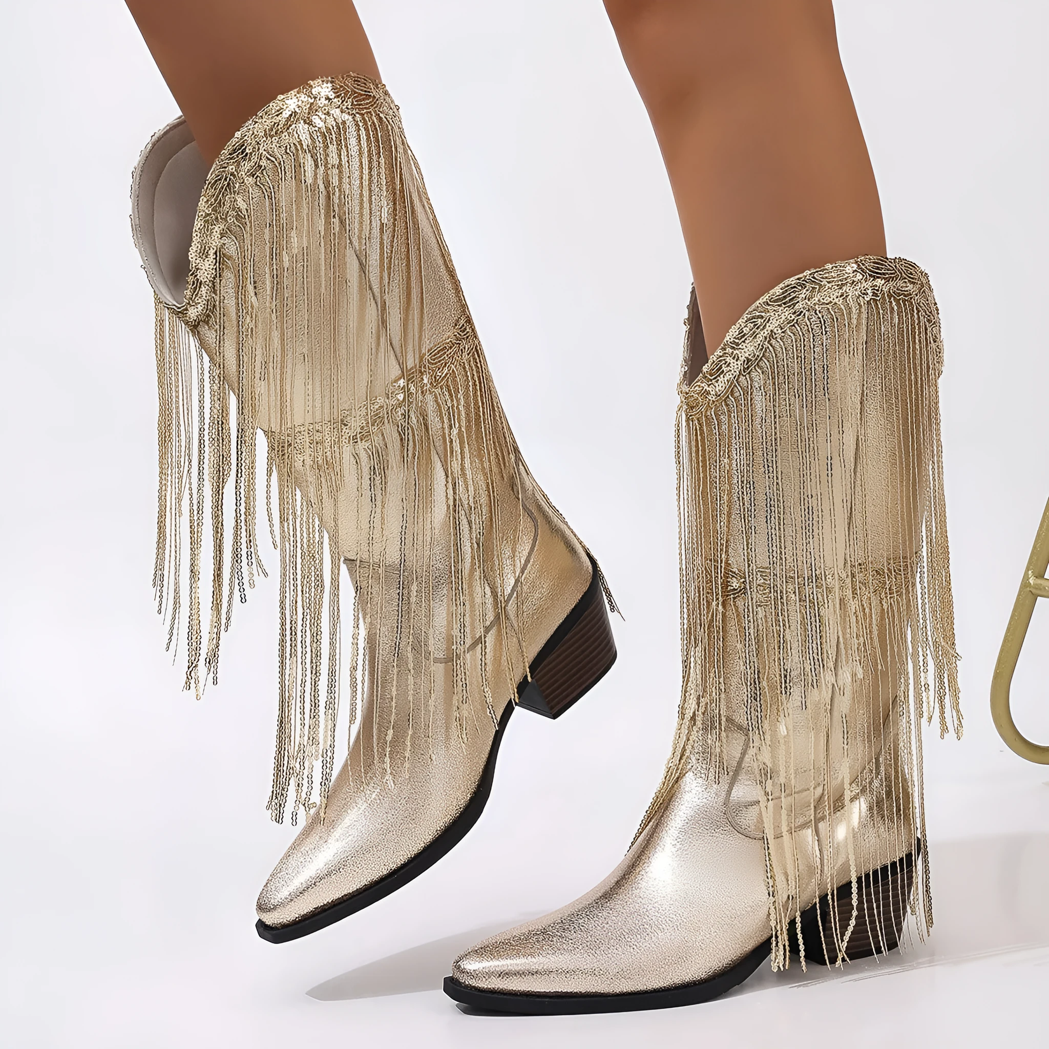 Women's retro chunky heel pleated western knee boots in artificial PU leather, low heel 1-3cm, pointed toe, solid colour
