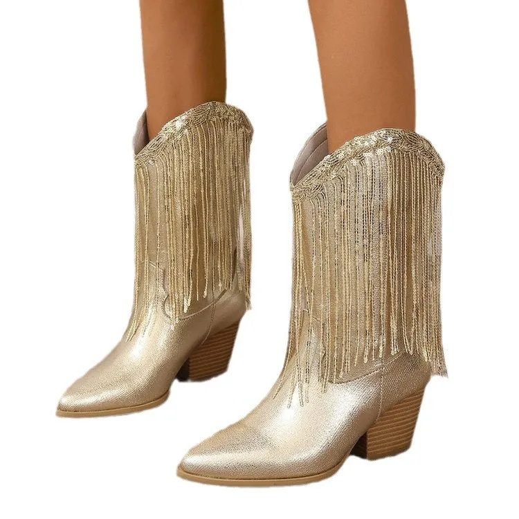 Women's retro chunky heel pleated western knee boots in artificial PU leather, low heel 1-3cm, pointed toe, solid colour