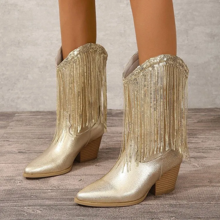 Women's retro chunky heel pleated western knee boots in artificial PU leather, low heel 1-3cm, pointed toe, solid colour