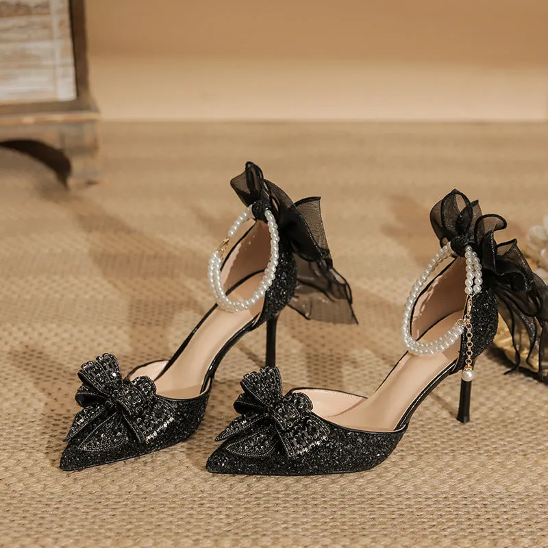 Two-way outdoor sandals, black, stiletto heel 6cm, pointed toe, rubber sole, low-top design