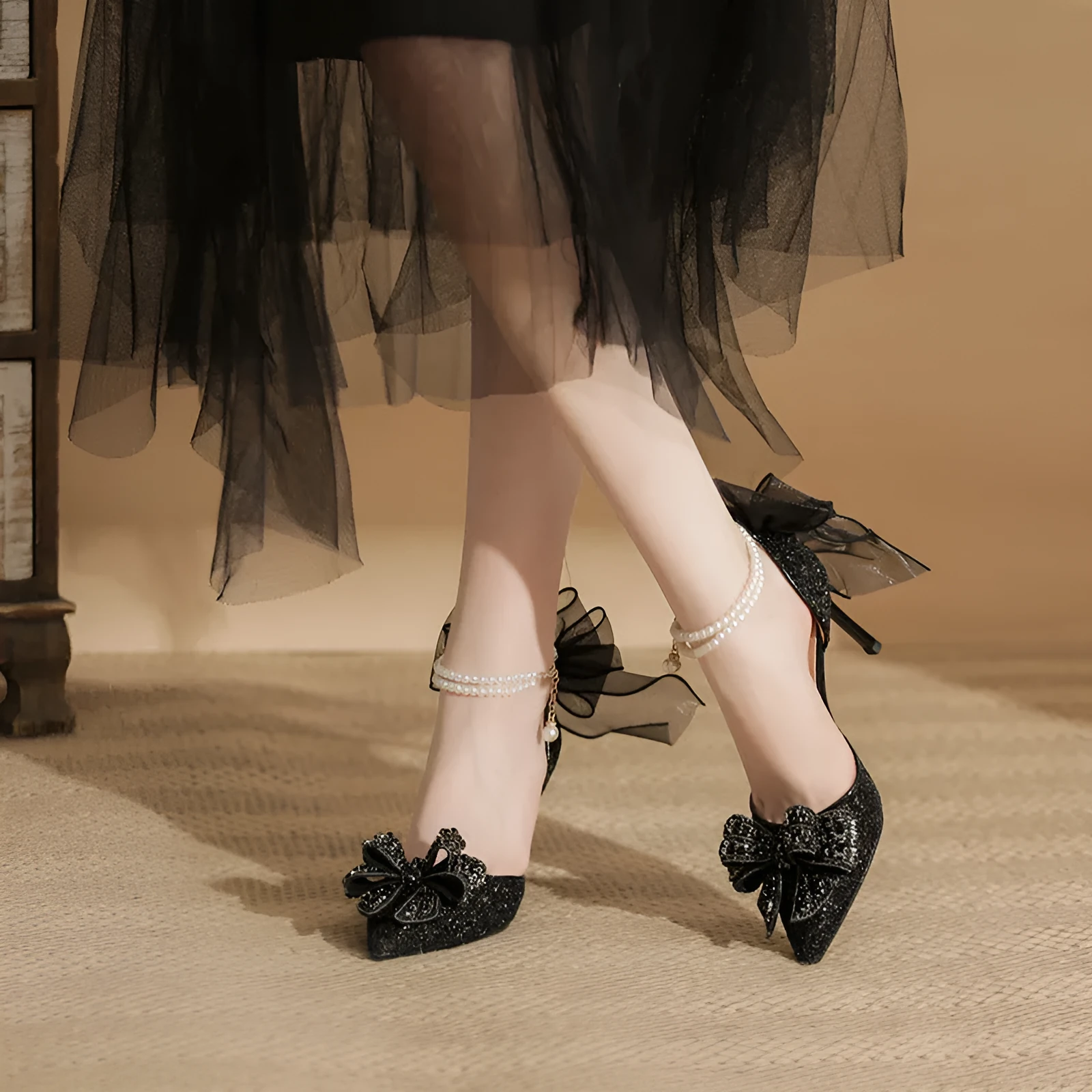 Two-way outdoor sandals, black, stiletto heel 6cm, pointed toe, rubber sole, low-top design
