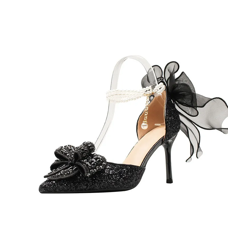 Two-way outdoor sandals, black, stiletto heel 6cm, pointed toe, rubber sole, low-top design