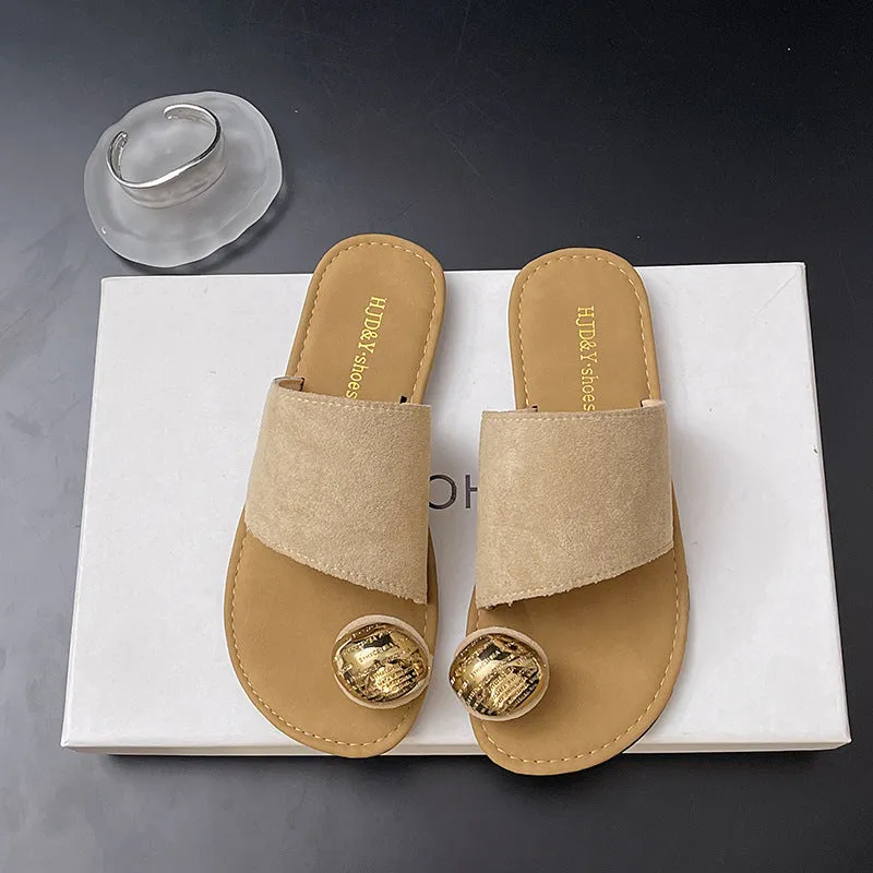 Women's flat bottomed French toe flip flops in solid colours on a light background