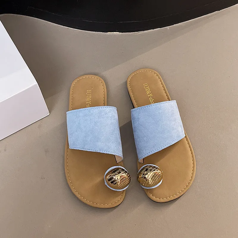 Women's flat bottomed French toe flip flops in solid colours on a light background