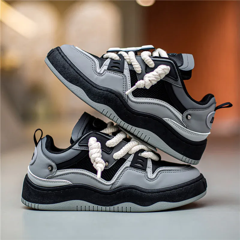 Men's artificial PU low-top lace-up casual sneakers in black with PVC sole and sewing line detail