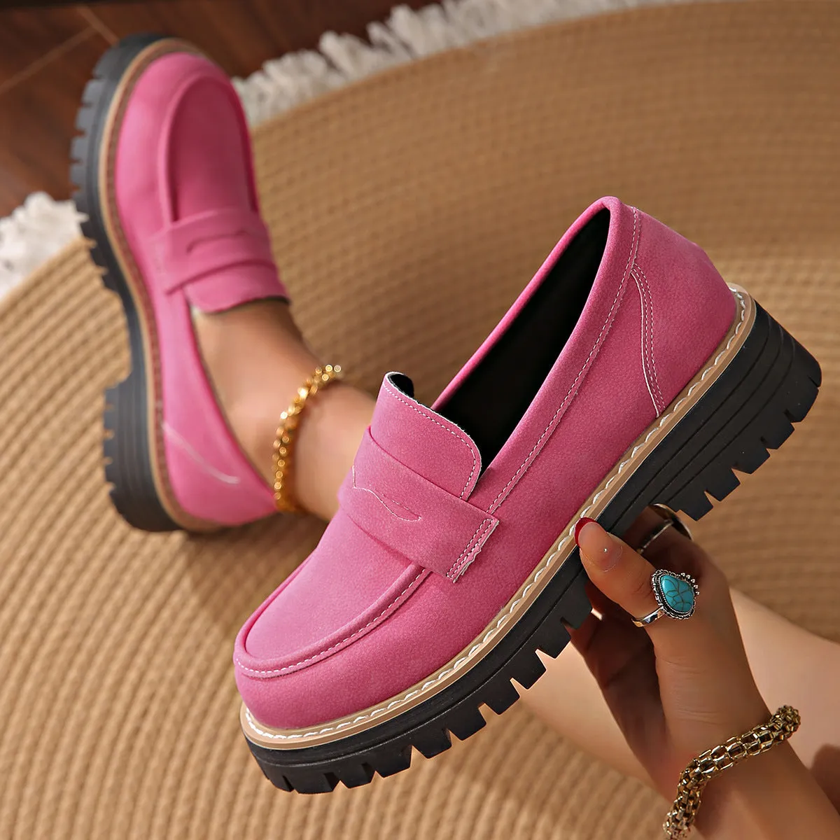 Women's retro solid colour plus size platform shoes with mid heel patent leather in black green pink