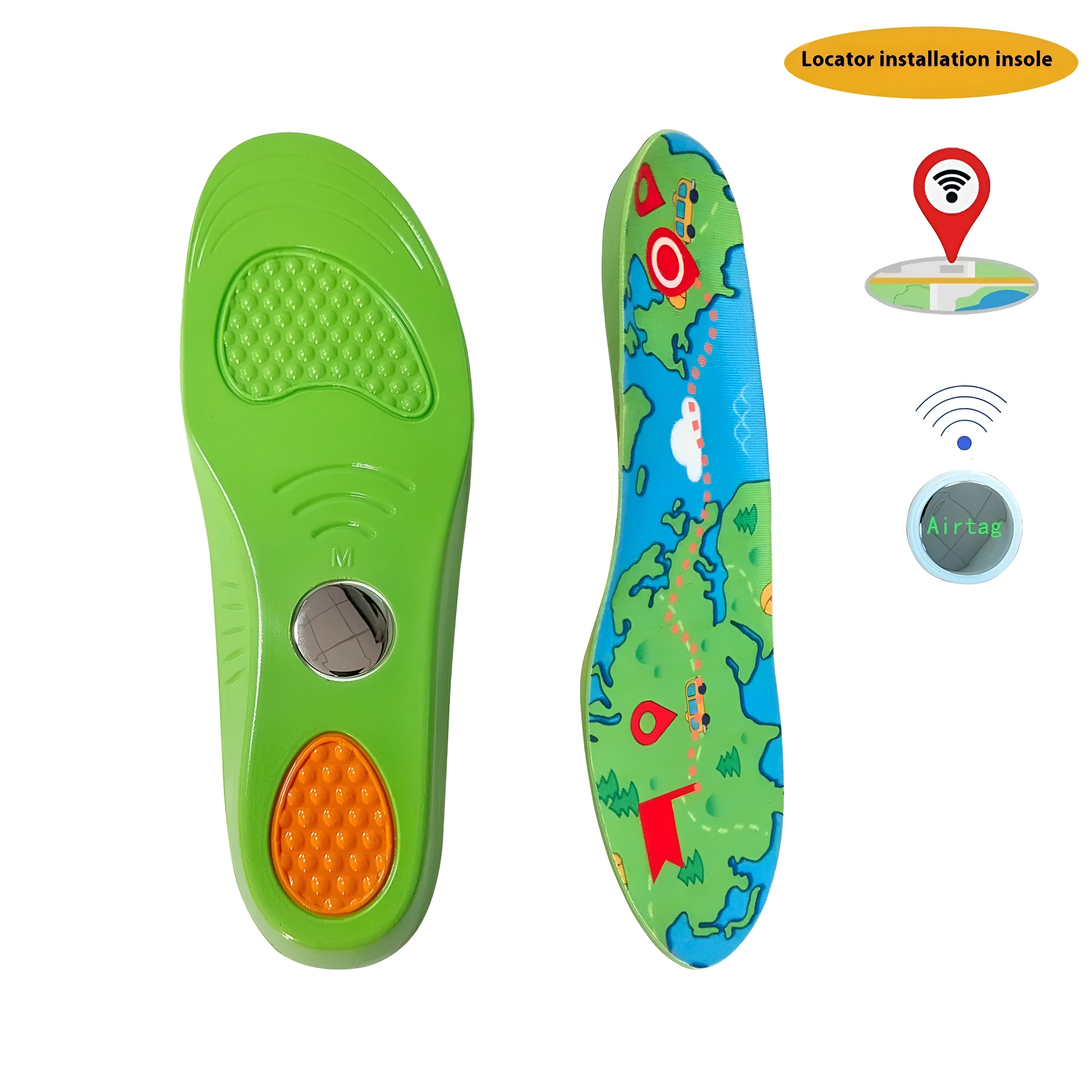Green anti-lost locator insole for children and elderly made of PU material free size XS to XL