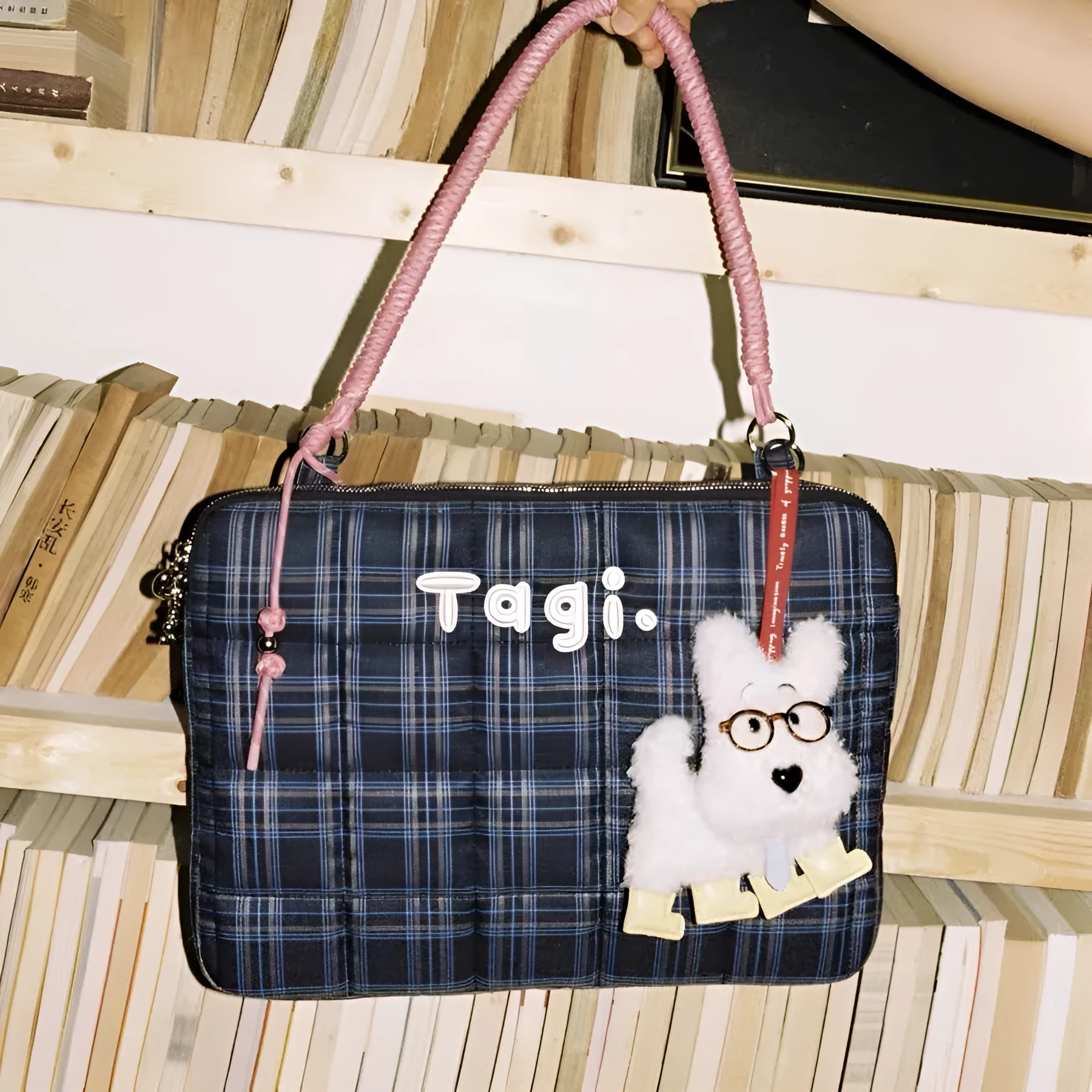 Oxford cloth plaid letters print laptop tote bag one shoulder 33x24x4cm blue and orange